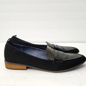 DR. SCHOLL'S Patent Faux Suede Pointed Penny Loafers, size 10M, Black
